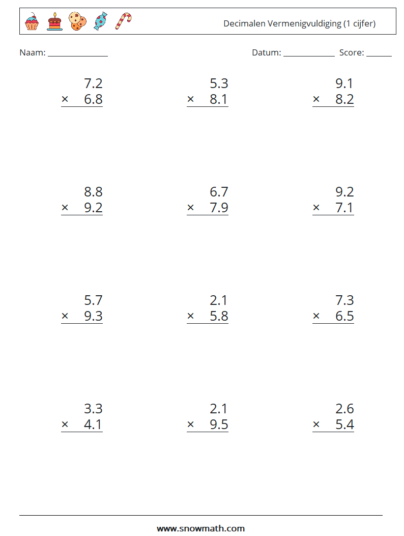 (12) Decimalen Vermenigvuldiging (1 cijfer) Wiskundige werkbladen 17