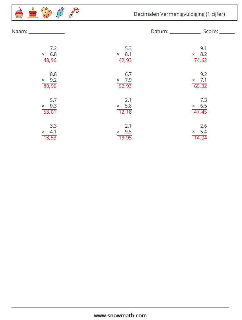 (12) Decimalen Vermenigvuldiging (1 cijfer) Wiskundige werkbladen 17 Vraag, Antwoord