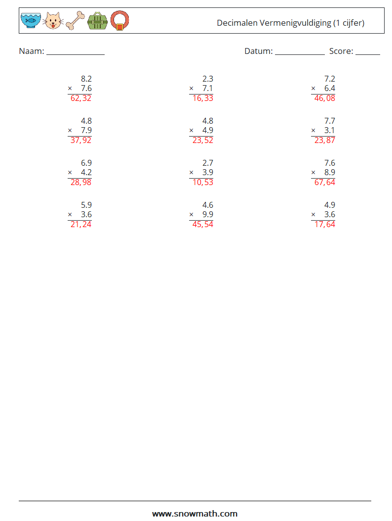(12) Decimalen Vermenigvuldiging (1 cijfer) Wiskundige werkbladen 18 Vraag, Antwoord