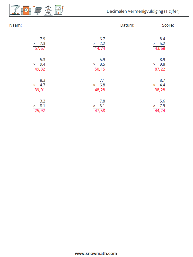 (12) Decimalen Vermenigvuldiging (1 cijfer) Wiskundige werkbladen 1 Vraag, Antwoord