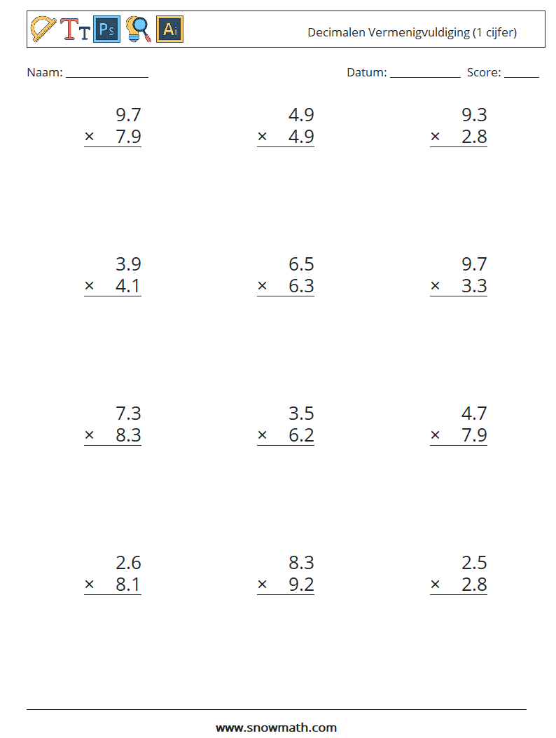 (12) Decimalen Vermenigvuldiging (1 cijfer) Wiskundige werkbladen 2