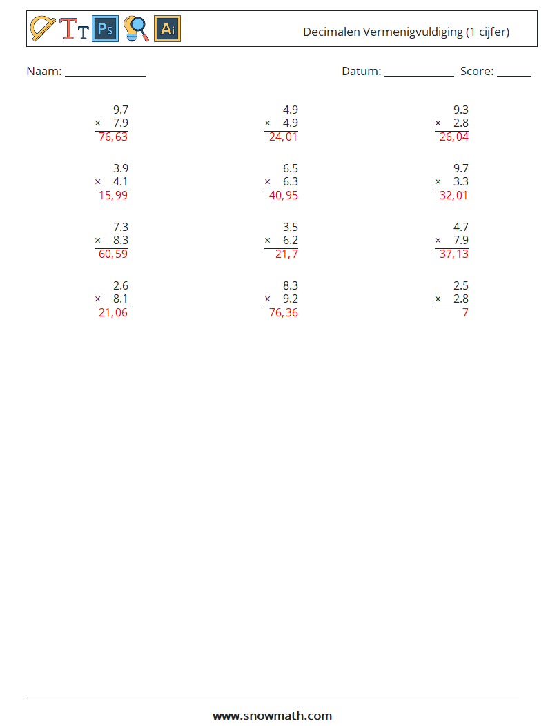 (12) Decimalen Vermenigvuldiging (1 cijfer) Wiskundige werkbladen 2 Vraag, Antwoord