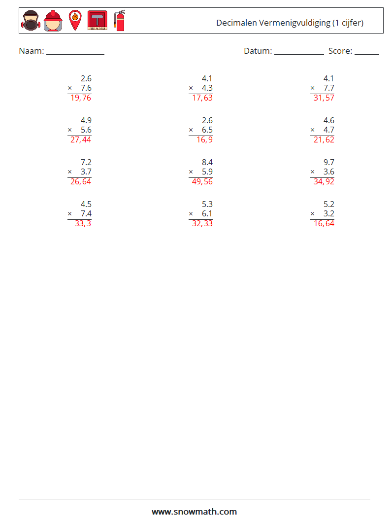 (12) Decimalen Vermenigvuldiging (1 cijfer) Wiskundige werkbladen 7 Vraag, Antwoord