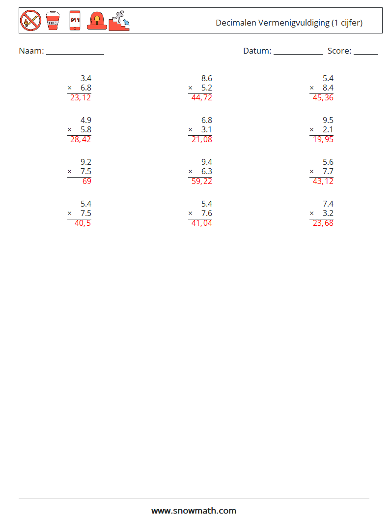 (12) Decimalen Vermenigvuldiging (1 cijfer) Wiskundige werkbladen 8 Vraag, Antwoord