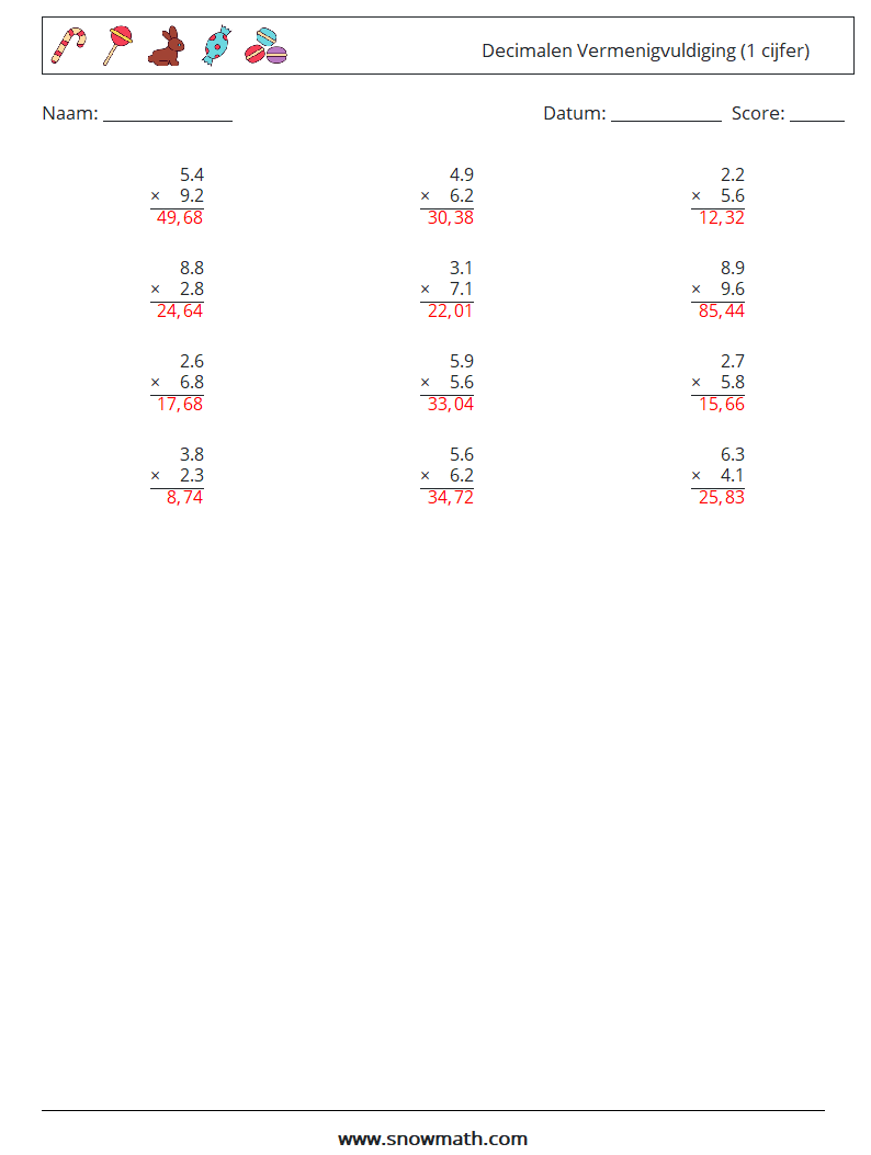 (12) Decimalen Vermenigvuldiging (1 cijfer) Wiskundige werkbladen 9 Vraag, Antwoord