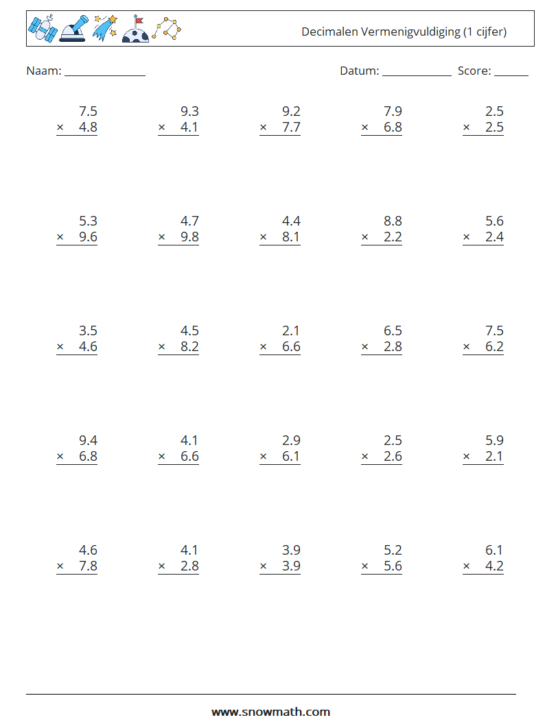(25) Decimalen Vermenigvuldiging (1 cijfer) Wiskundige werkbladen 10