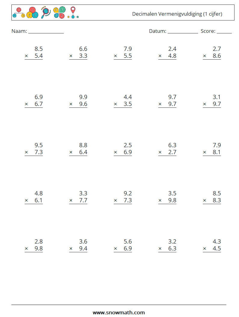 (25) Decimalen Vermenigvuldiging (1 cijfer) Wiskundige werkbladen 11