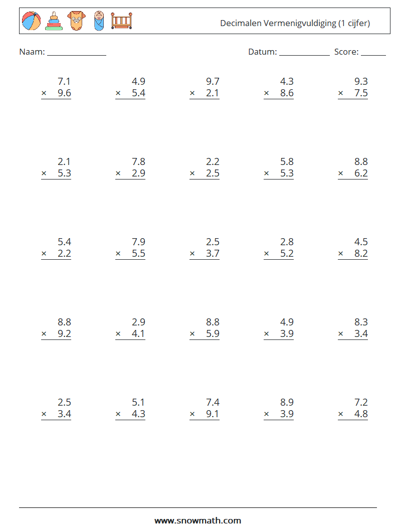 (25) Decimalen Vermenigvuldiging (1 cijfer) Wiskundige werkbladen 12