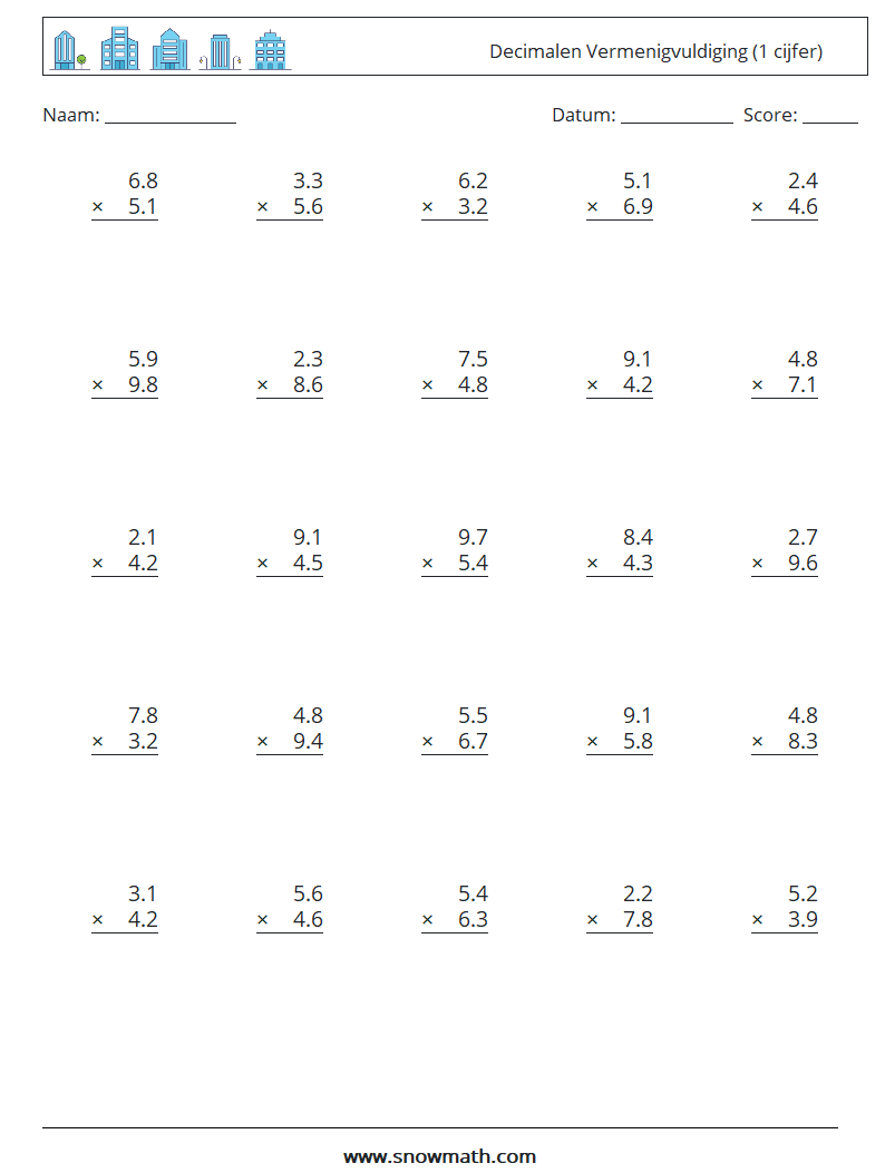 (25) Decimalen Vermenigvuldiging (1 cijfer) Wiskundige werkbladen 14