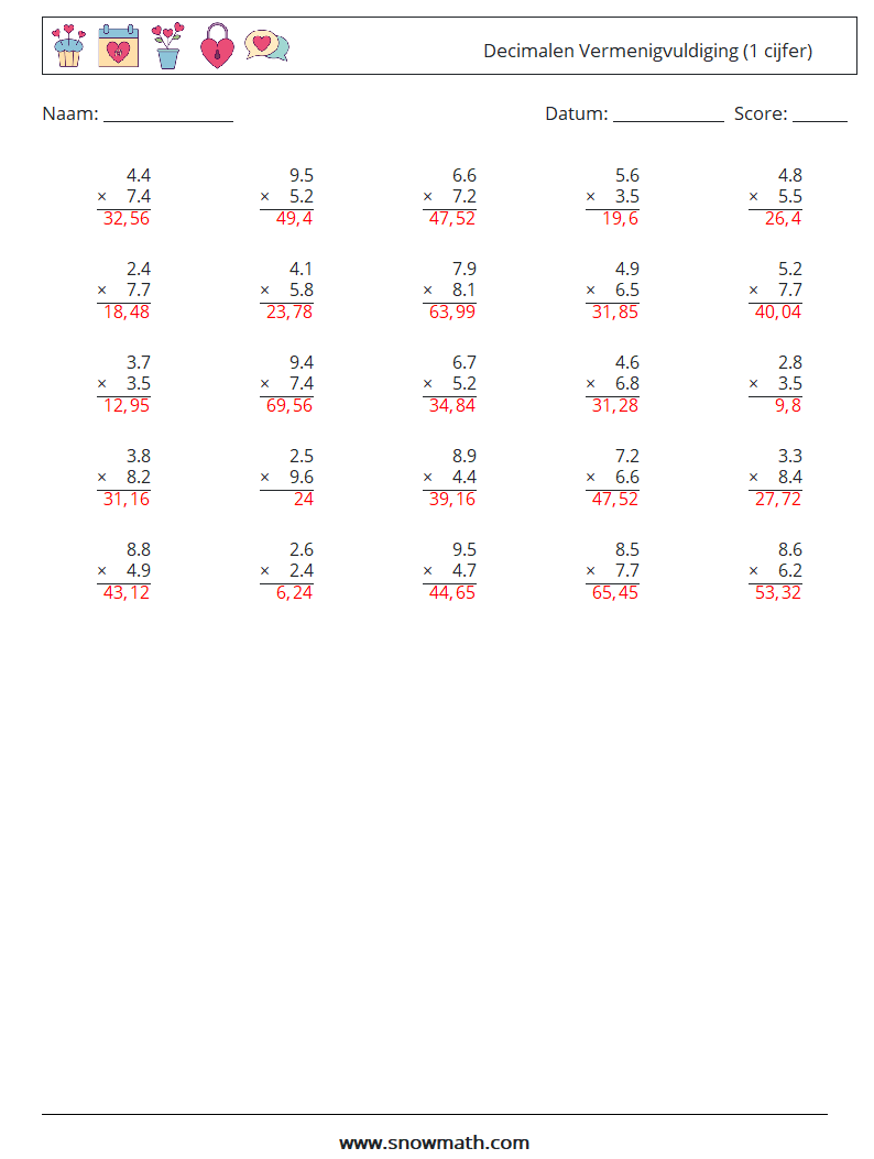 (25) Decimalen Vermenigvuldiging (1 cijfer) Wiskundige werkbladen 17 Vraag, Antwoord