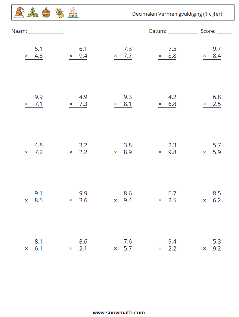 (25) Decimalen Vermenigvuldiging (1 cijfer) Wiskundige werkbladen 18