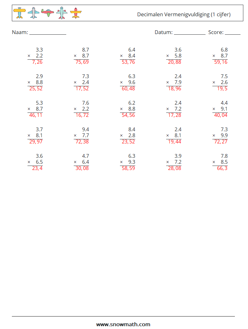 (25) Decimalen Vermenigvuldiging (1 cijfer) Wiskundige werkbladen 1 Vraag, Antwoord