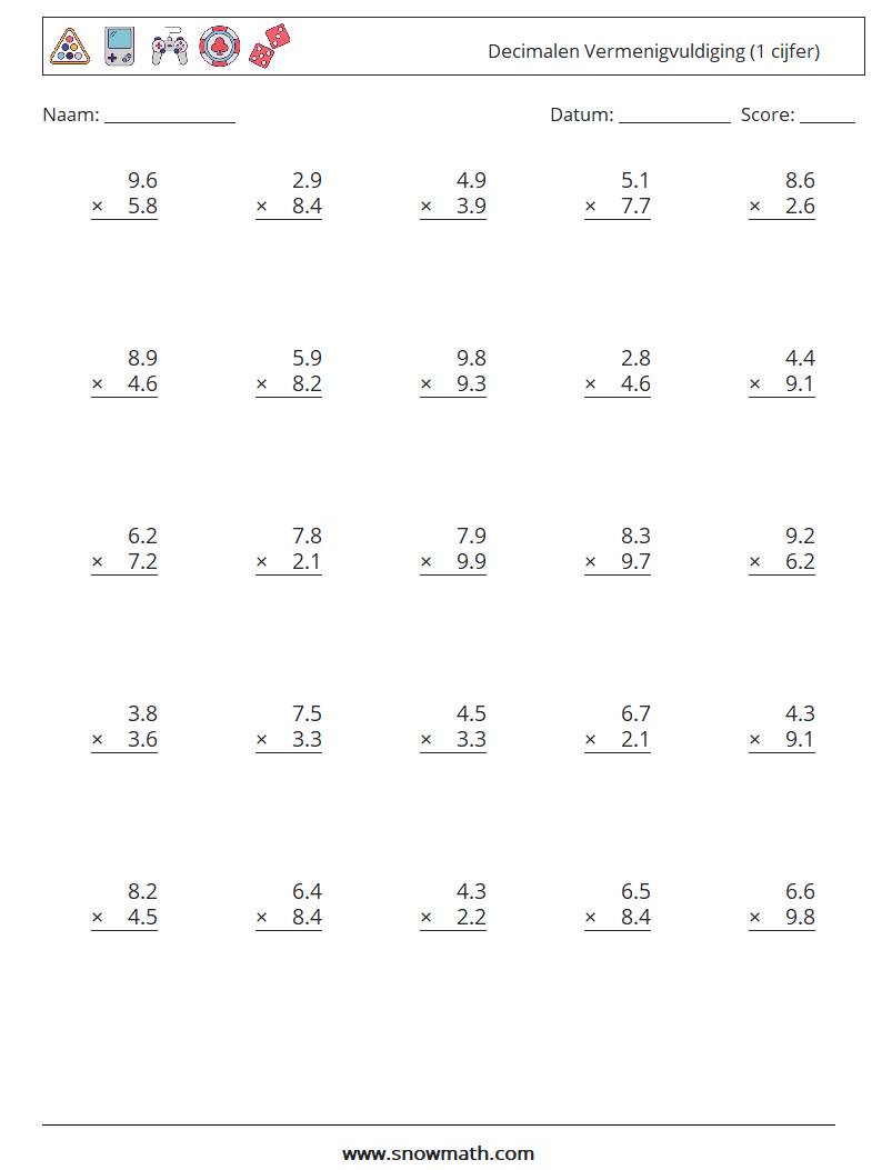 (25) Decimalen Vermenigvuldiging (1 cijfer) Wiskundige werkbladen 3