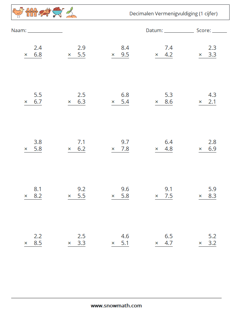 (25) Decimalen Vermenigvuldiging (1 cijfer) Wiskundige werkbladen 4