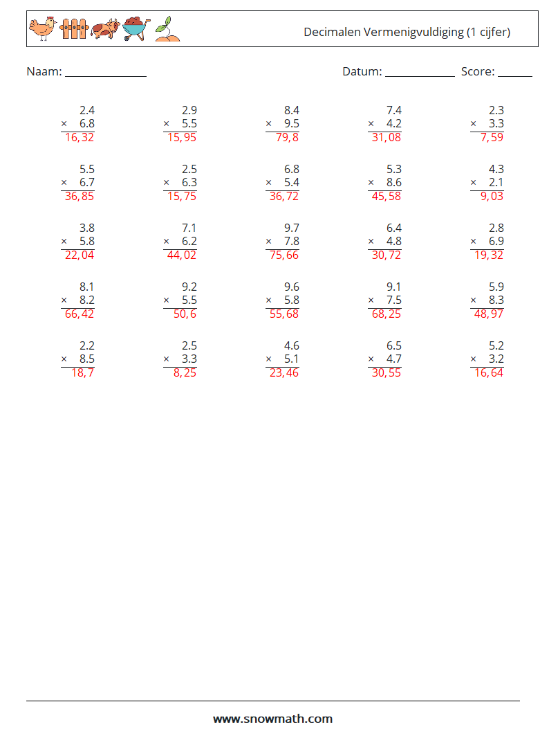 (25) Decimalen Vermenigvuldiging (1 cijfer) Wiskundige werkbladen 4 Vraag, Antwoord