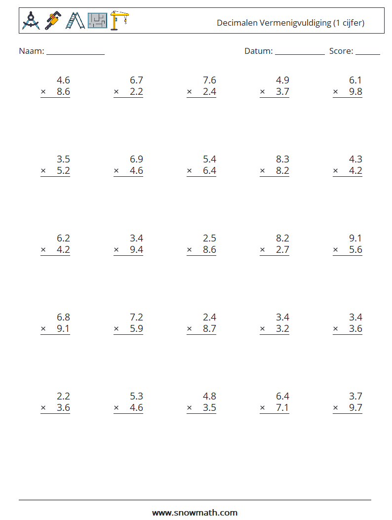 (25) Decimalen Vermenigvuldiging (1 cijfer) Wiskundige werkbladen 7