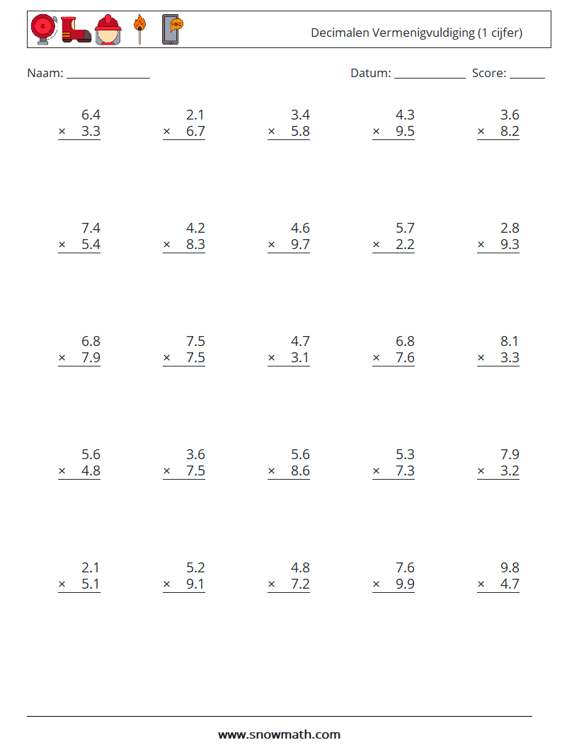 (25) Decimalen Vermenigvuldiging (1 cijfer) Wiskundige werkbladen 8