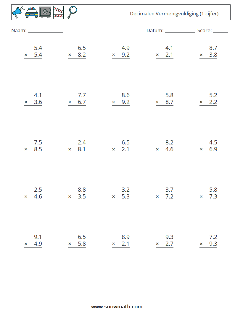 (25) Decimalen Vermenigvuldiging (1 cijfer) Wiskundige werkbladen 9