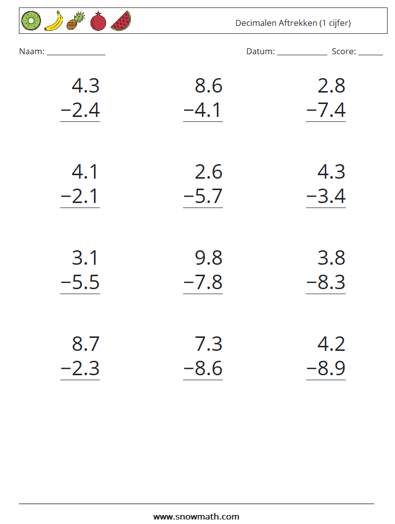 (12) Decimalen Aftrekken (1 cijfer) Wiskundige werkbladen 1