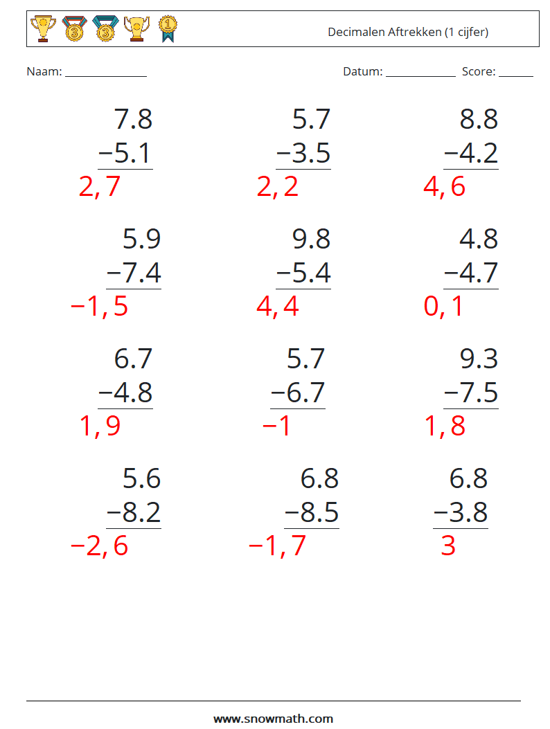 (12) Decimalen Aftrekken (1 cijfer) Wiskundige werkbladen 10 Vraag, Antwoord