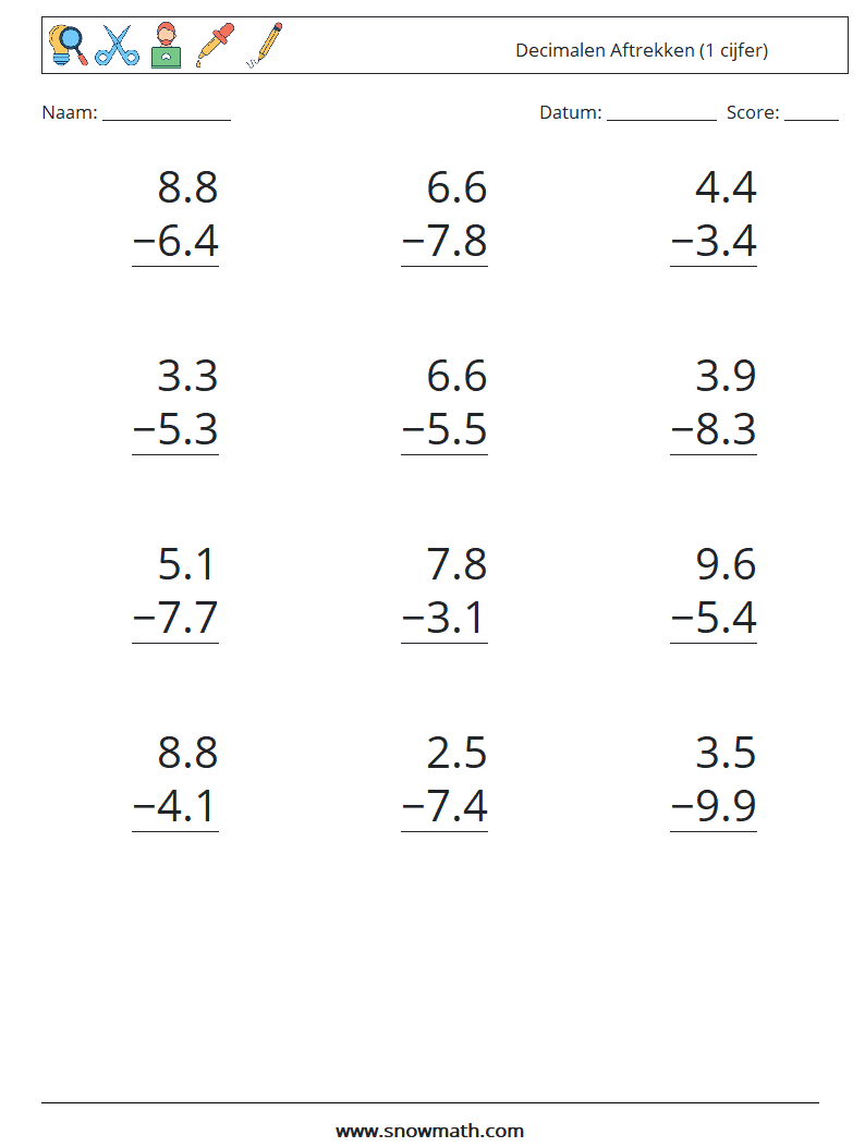 (12) Decimalen Aftrekken (1 cijfer) Wiskundige werkbladen 12