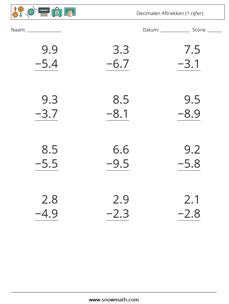 (12) Decimalen Aftrekken (1 cijfer) Wiskundige werkbladen 14