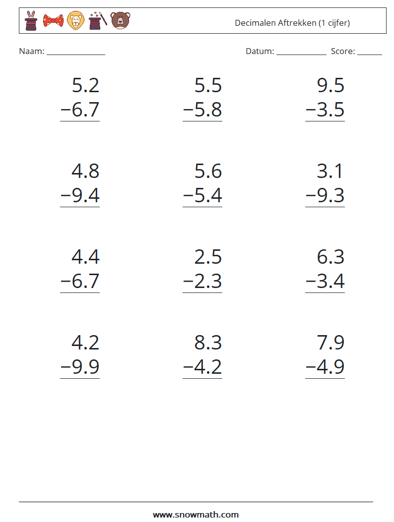 (12) Decimalen Aftrekken (1 cijfer) Wiskundige werkbladen 16