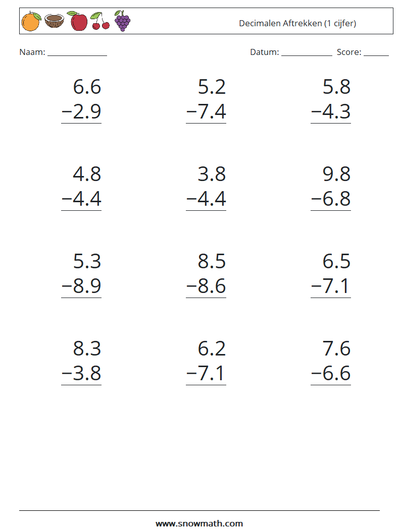 (12) Decimalen Aftrekken (1 cijfer) Wiskundige werkbladen 17