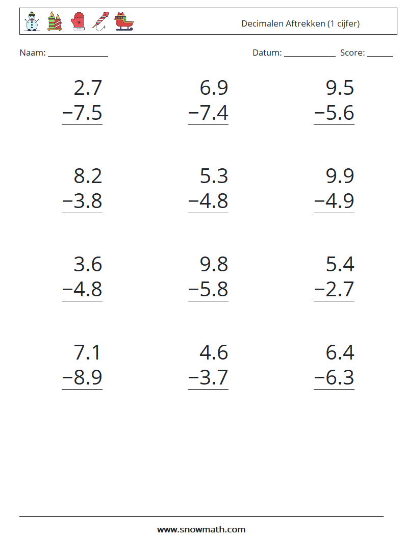 (12) Decimalen Aftrekken (1 cijfer) Wiskundige werkbladen 18