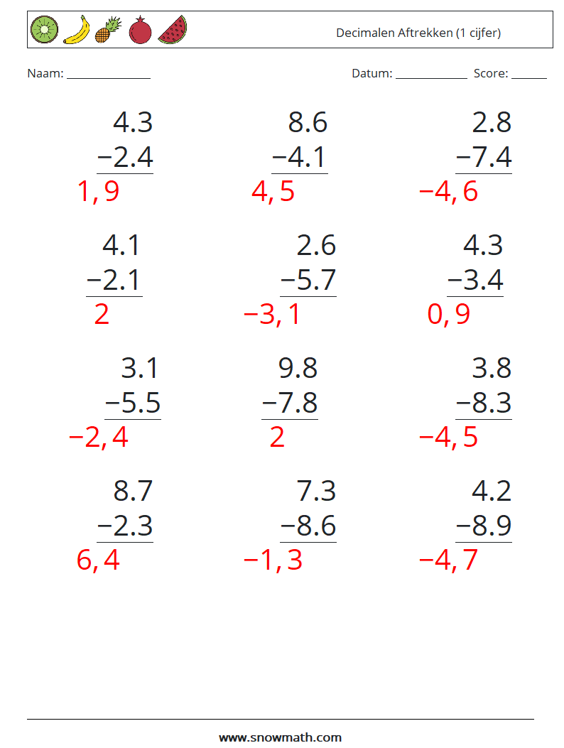 (12) Decimalen Aftrekken (1 cijfer) Wiskundige werkbladen 1 Vraag, Antwoord
