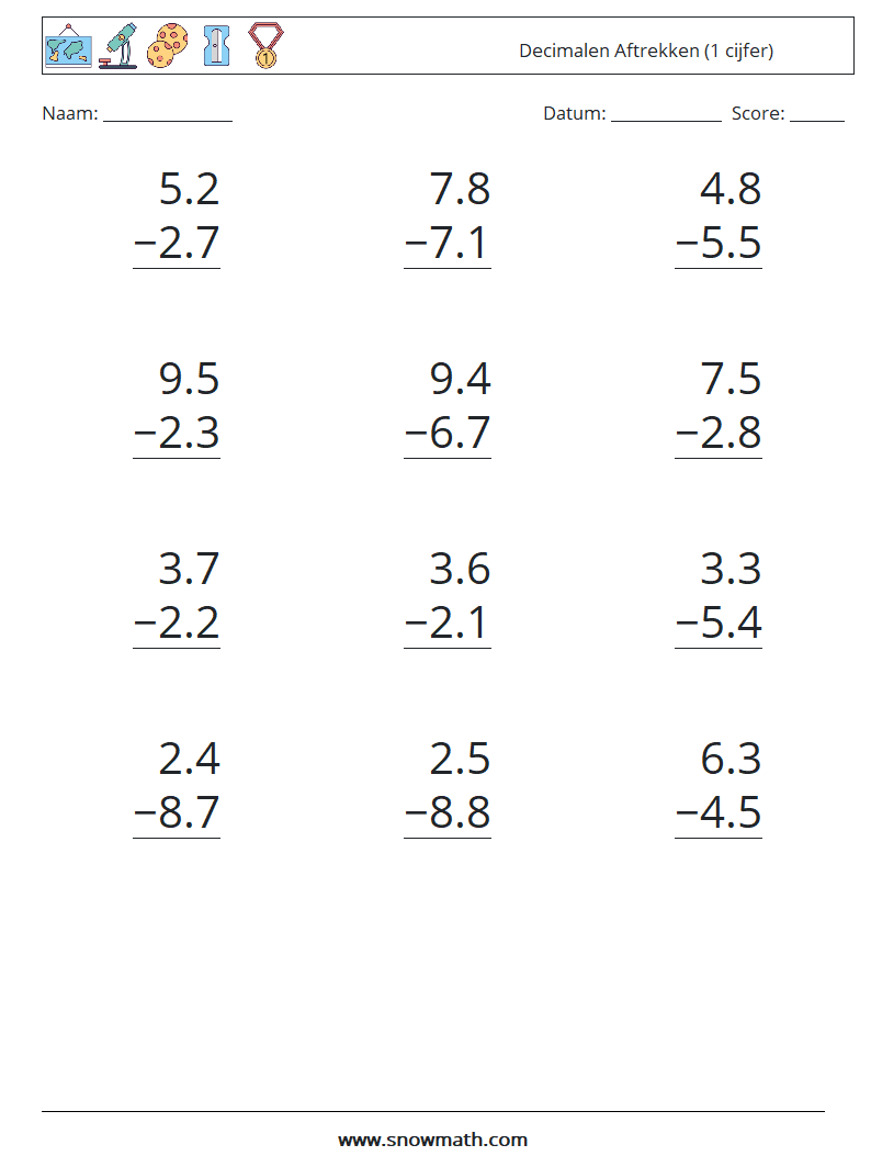 (12) Decimalen Aftrekken (1 cijfer) Wiskundige werkbladen 4