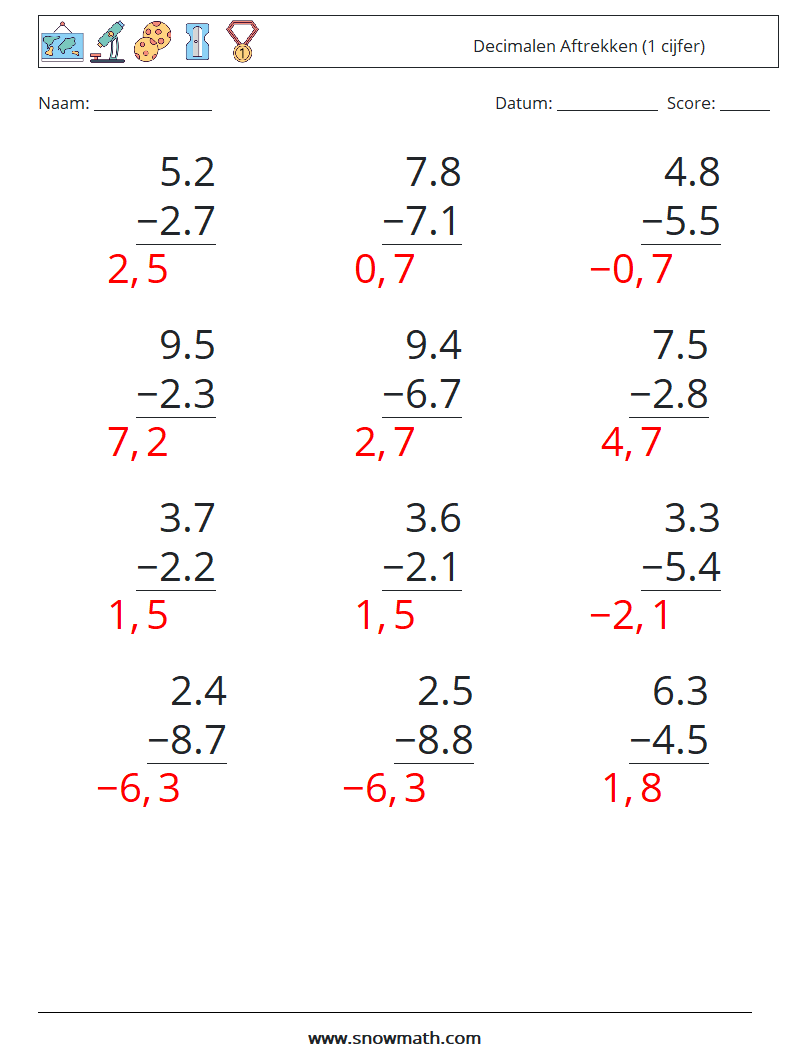 (12) Decimalen Aftrekken (1 cijfer) Wiskundige werkbladen 4 Vraag, Antwoord