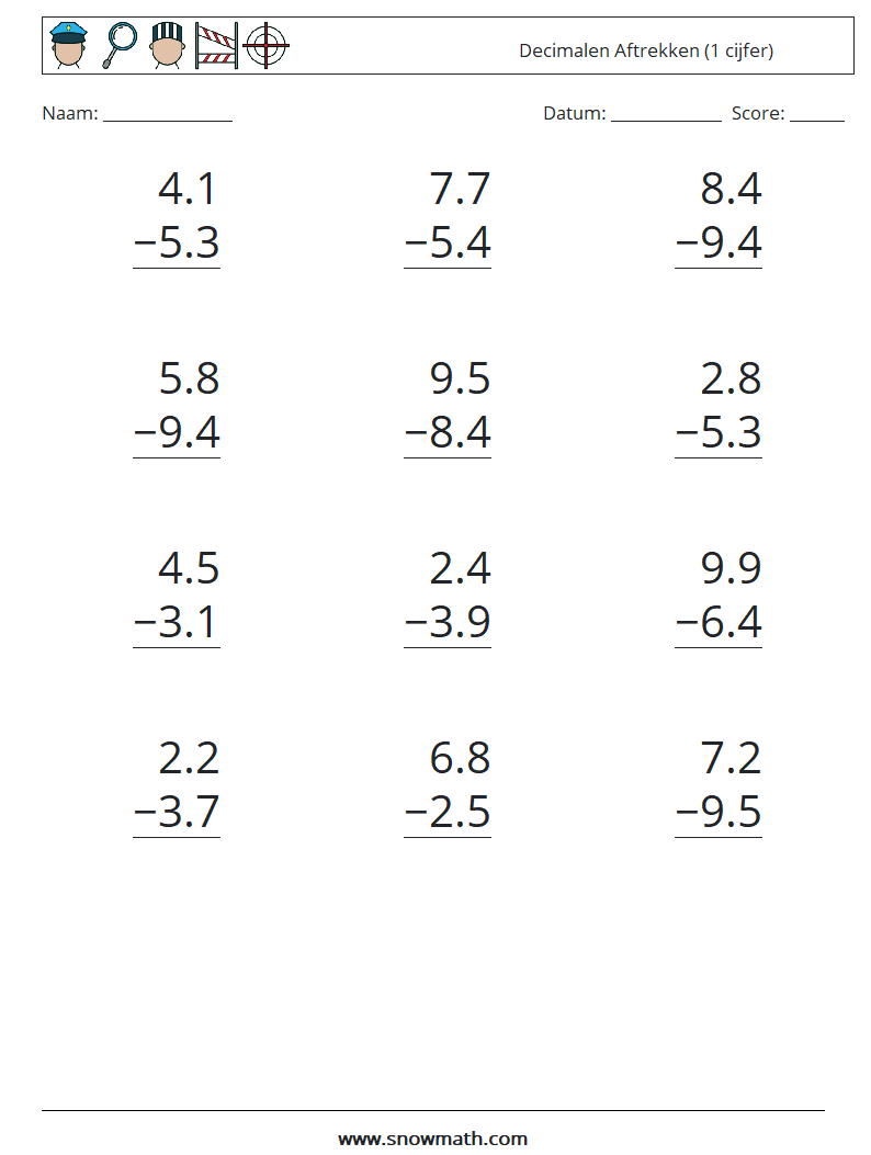 (12) Decimalen Aftrekken (1 cijfer) Wiskundige werkbladen 5