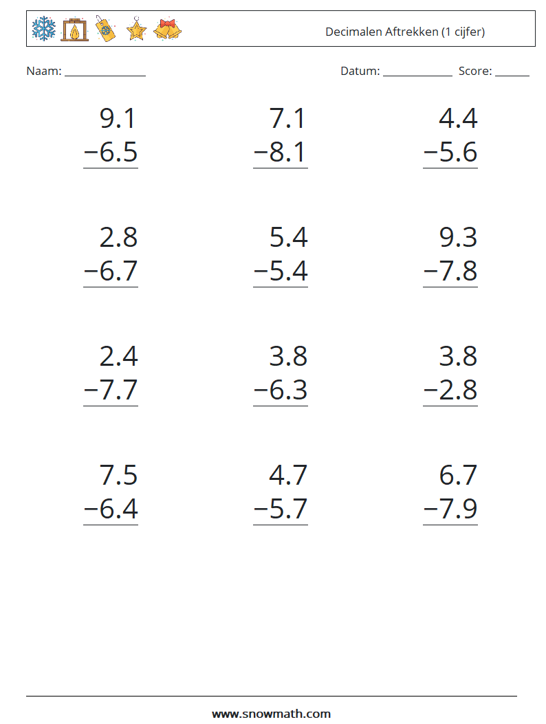 (12) Decimalen Aftrekken (1 cijfer) Wiskundige werkbladen 6