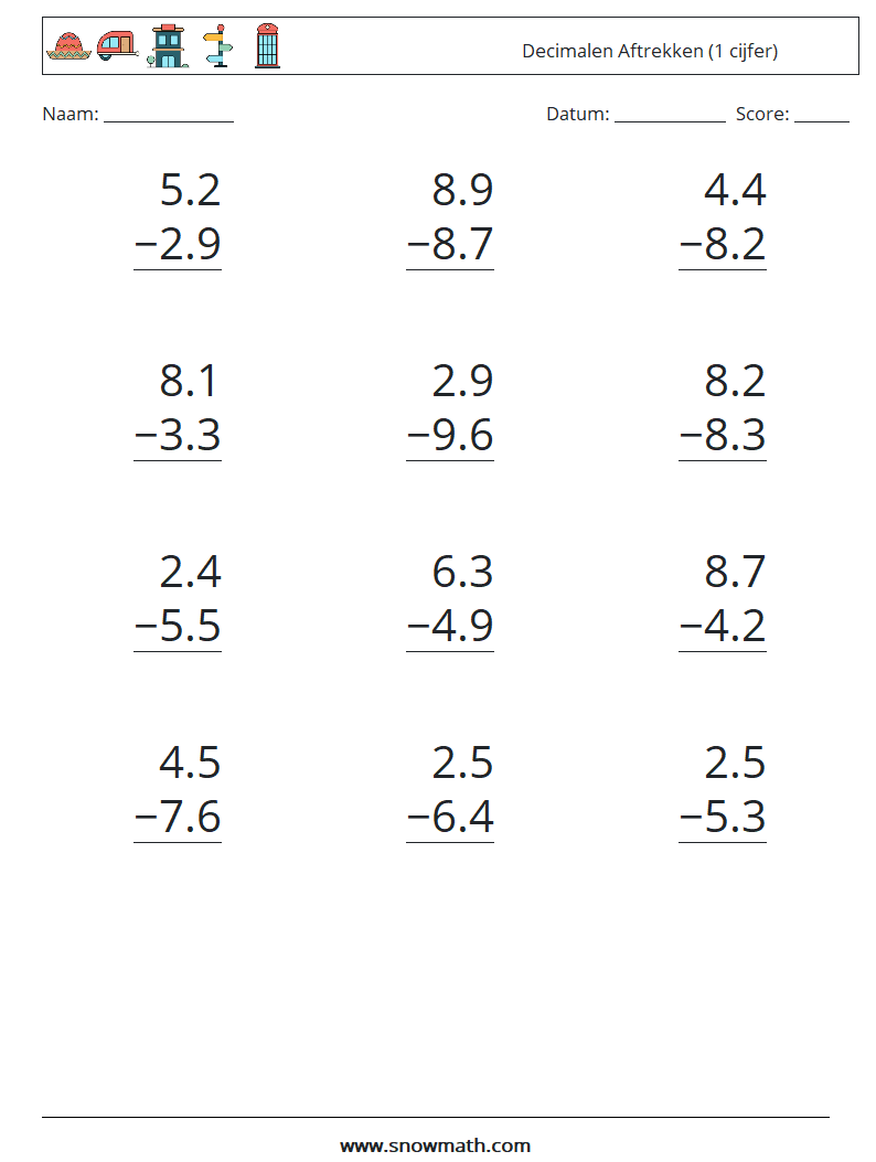 (12) Decimalen Aftrekken (1 cijfer) Wiskundige werkbladen 7