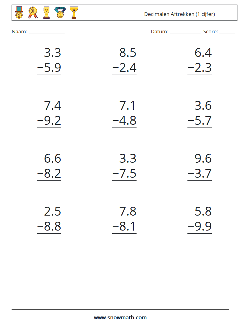 (12) Decimalen Aftrekken (1 cijfer) Wiskundige werkbladen 8