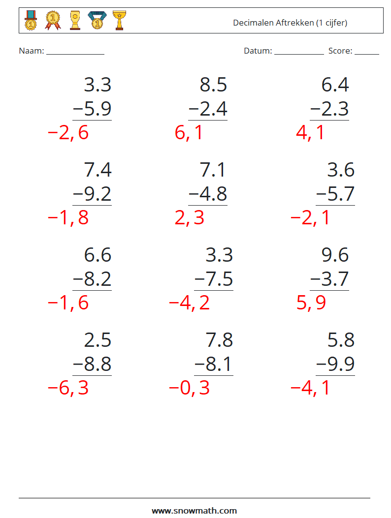 (12) Decimalen Aftrekken (1 cijfer) Wiskundige werkbladen 8 Vraag, Antwoord