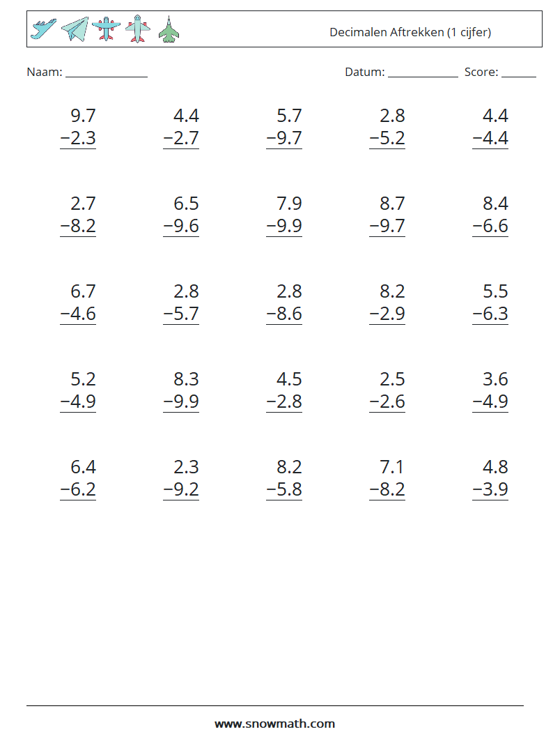 (25) Decimalen Aftrekken (1 cijfer)