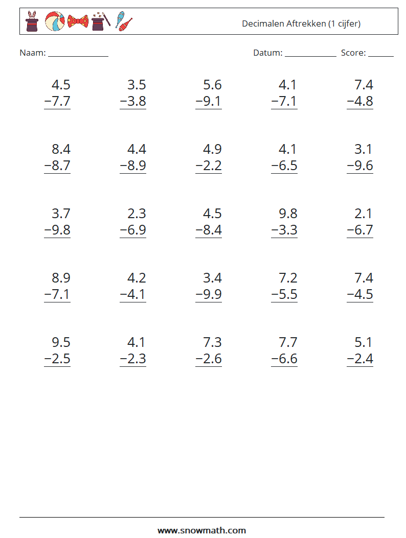 (25) Decimalen Aftrekken (1 cijfer) Wiskundige werkbladen 12