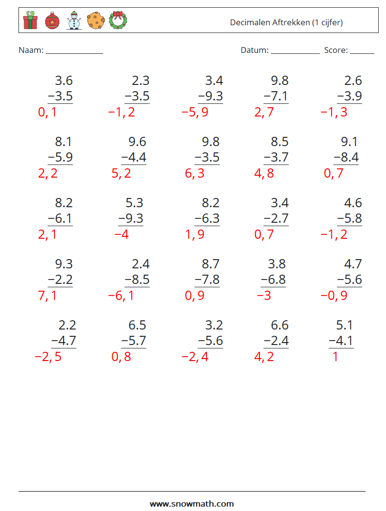 (25) Decimalen Aftrekken (1 cijfer) Wiskundige werkbladen 2 Vraag, Antwoord