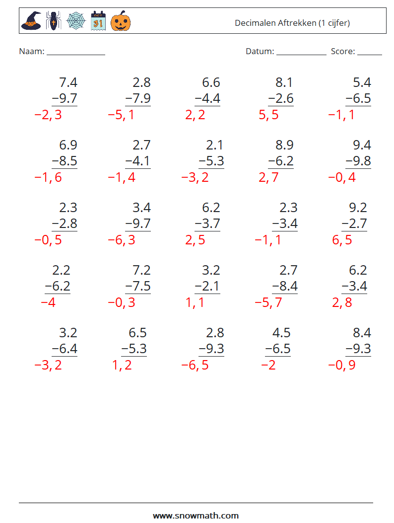 (25) Decimalen Aftrekken (1 cijfer) Wiskundige werkbladen 4 Vraag, Antwoord