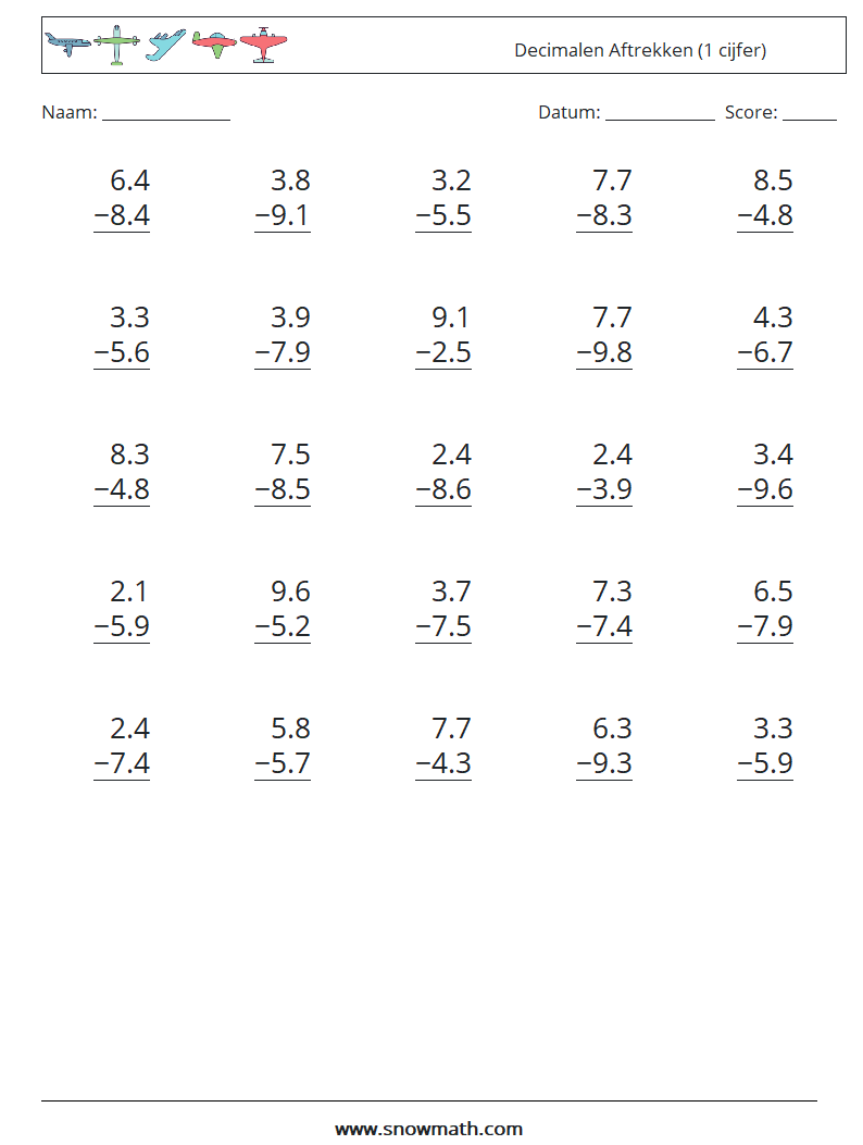 (25) Decimalen Aftrekken (1 cijfer) Wiskundige werkbladen 6