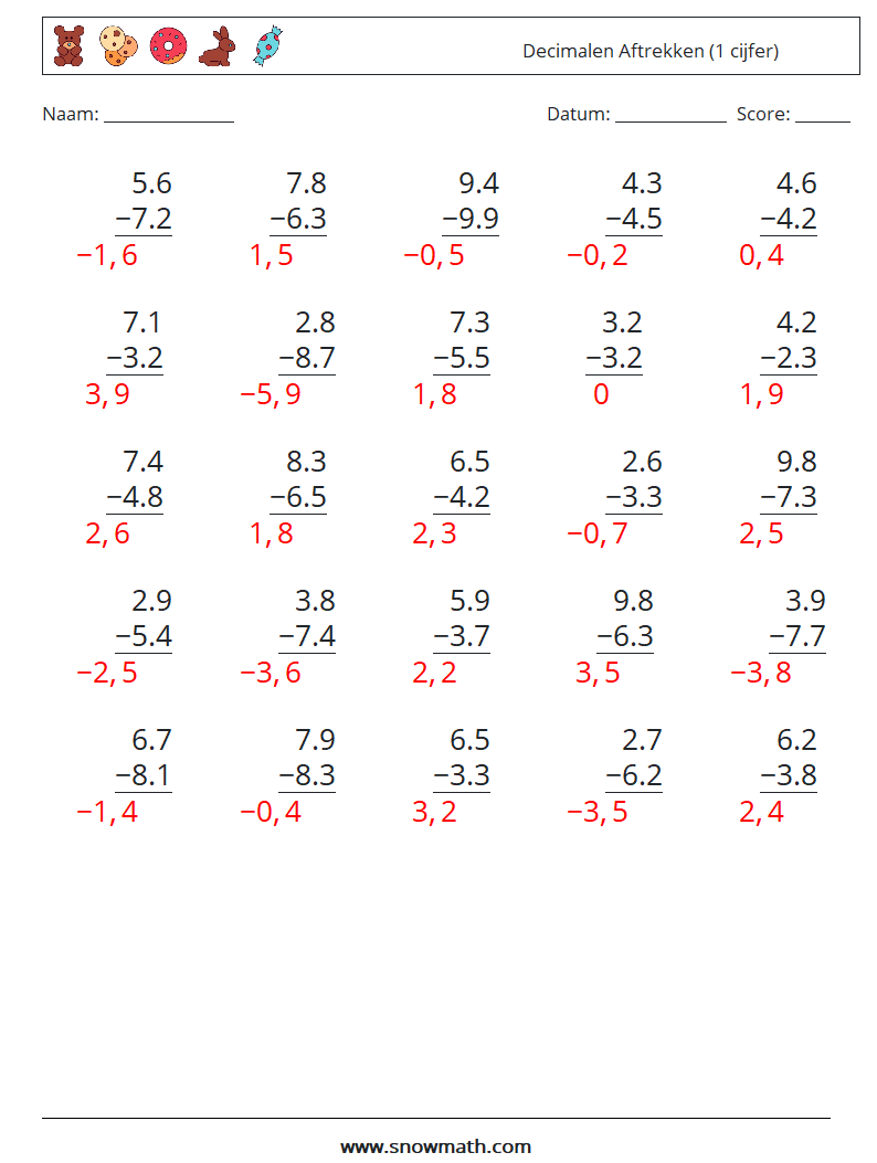 (25) Decimalen Aftrekken (1 cijfer) Wiskundige werkbladen 7 Vraag, Antwoord