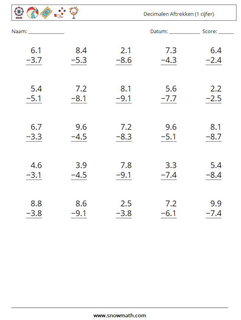 (25) Decimalen Aftrekken (1 cijfer) Wiskundige werkbladen 9
