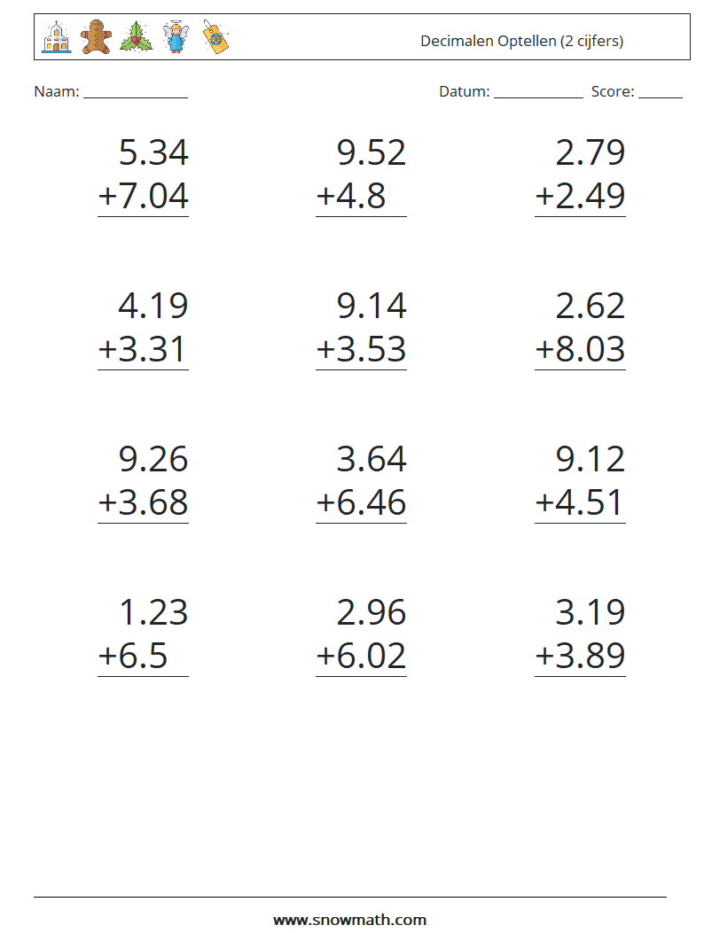 (12) Decimalen Optellen (2 cijfers)