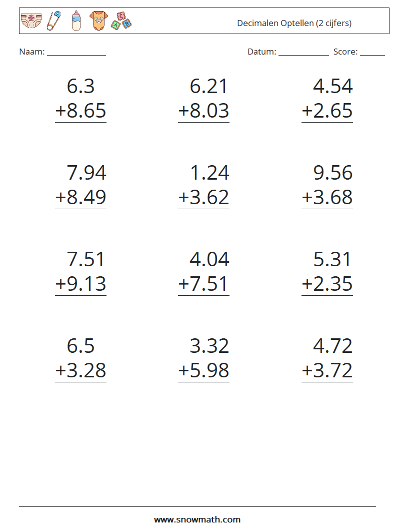 (12) Decimalen Optellen (2 cijfers) Wiskundige werkbladen 11