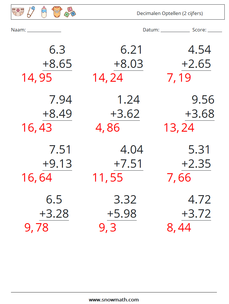 (12) Decimalen Optellen (2 cijfers) Wiskundige werkbladen 11 Vraag, Antwoord