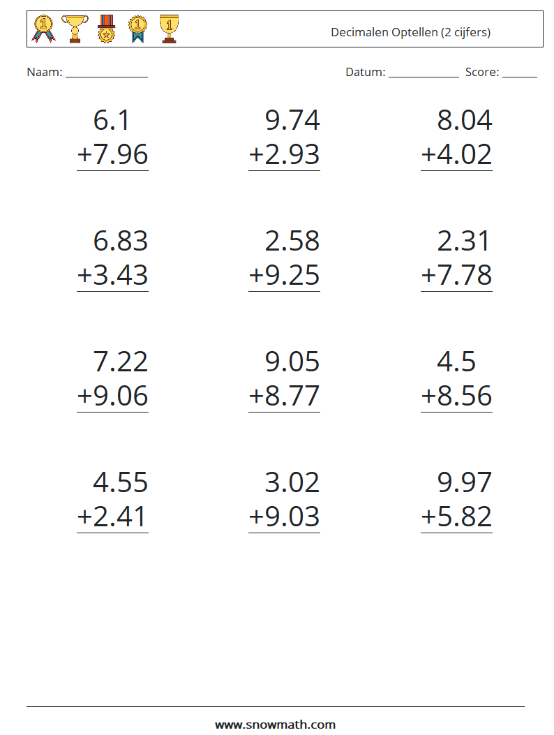 (12) Decimalen Optellen (2 cijfers) Wiskundige werkbladen 13