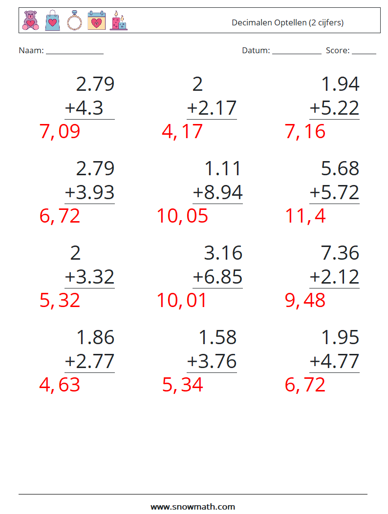 (12) Decimalen Optellen (2 cijfers) Wiskundige werkbladen 14 Vraag, Antwoord