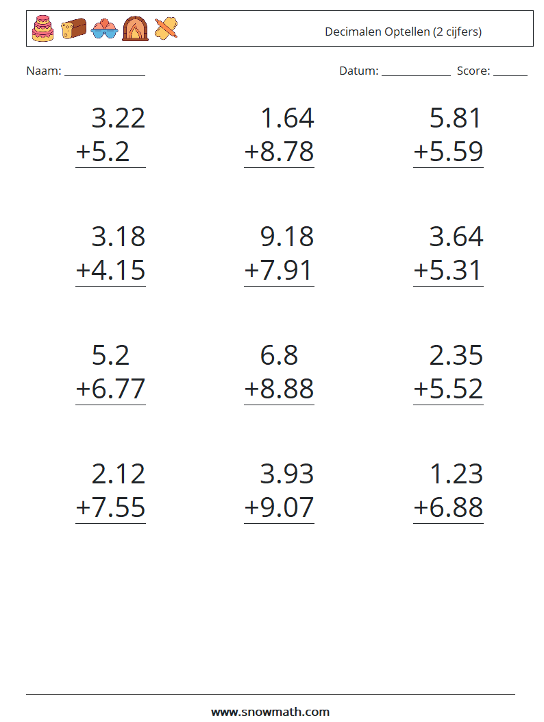 (12) Decimalen Optellen (2 cijfers) Wiskundige werkbladen 15